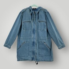 Ellos Denim Trench Jacket Womens Size 22 Hooded Blue Full Zip W Drawstring Waist
