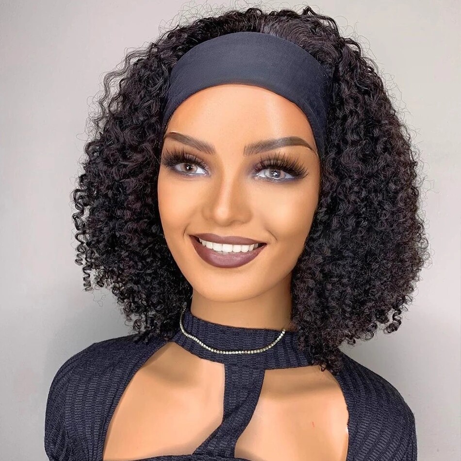 Headband Wig Wave Culry Real Human Hair Wigs Black Full Machine
