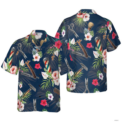 Barber Tools Tropical Pattern Hawaiian Shirt, Barber Symbol Aloha Shirt Summer