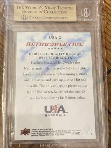 2008-09 Upper Deck USA Baseball Retrospective Stephen Strasburg RC BGS 9.5 - Picture 4 of 4