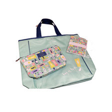 Clinique x Kate Spade Green Travel Tote Bag, Cosmetics Makeup Bag w/ Notecards