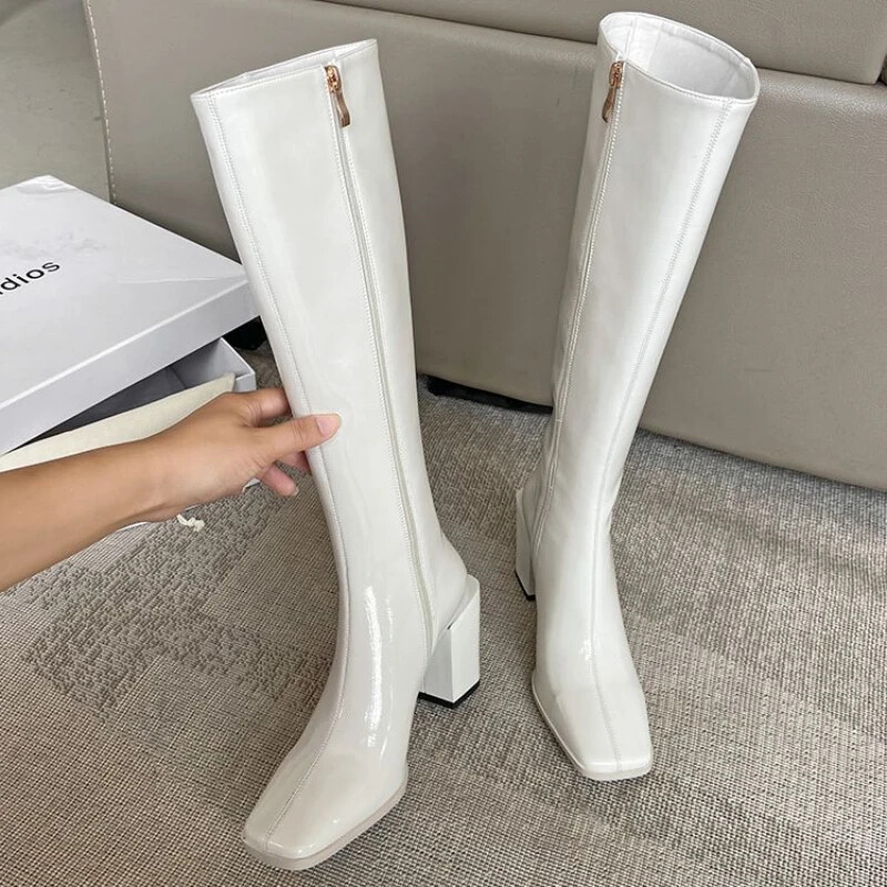 Women Knee High Boot Square Toe Thick Heel Long Boots High Heels