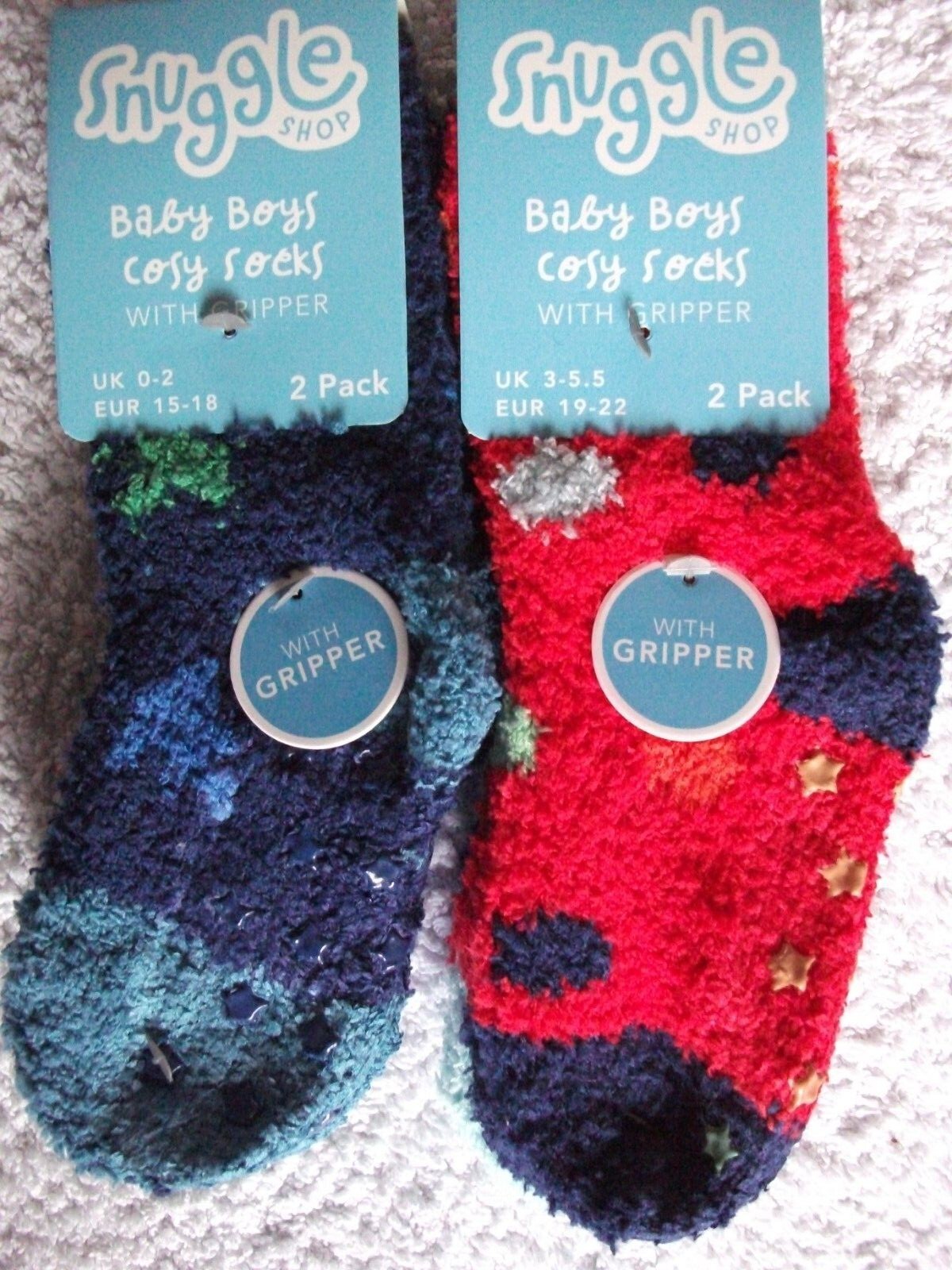 CLEARANCE OFFER : 2 PRS OF BABIES COSY SOCKS WITH GRIPPER. 2 COLOURS AND SIZES.