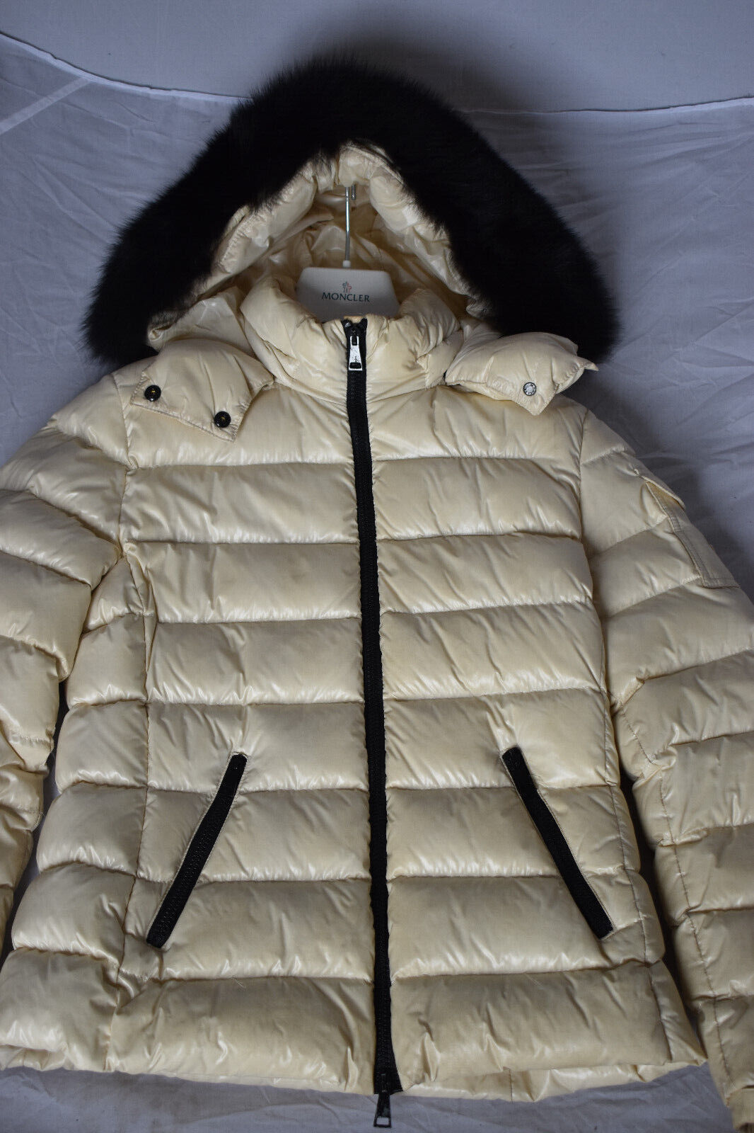 Moncler Badyfur Cream Down Zip Black Fox Fur Trim Jacket Coat Womens Size 1  UK10