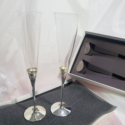 Vera Wang Wedgwood With Love Toasting Flutes Glasses Pair Silverplate *READ*