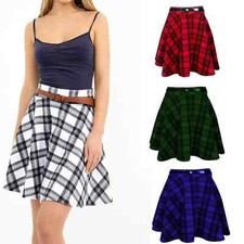 LADIES TARTAN BELTED FLARED SHORT MINI SKATER WOMANS SWING PARTY SKIRT UK 8-26