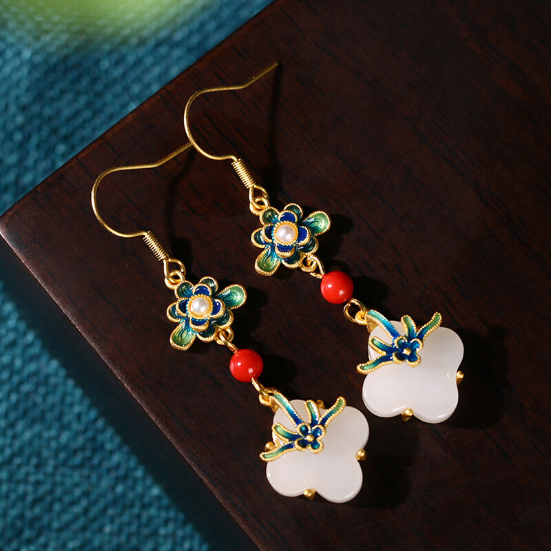 Enamel Painting Retro Four Leaf Clover Tassel Ear Pendant Hanfu Matching Earring