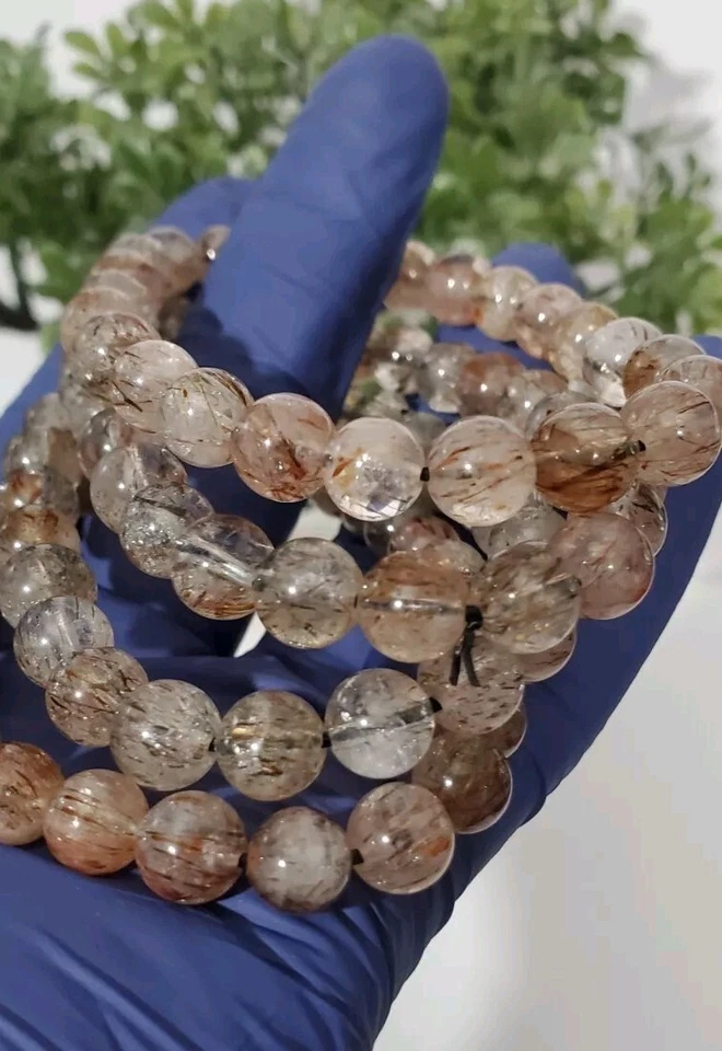 Natural Red & Blk Hair Copper Rutilated Quartz Clear Round 7mm Bead Bracelet 1pc - Image 2 of 4