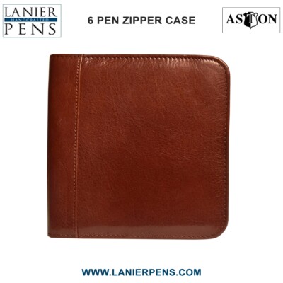 Aston Leather Pen Case Zippered Collectors - 6 Pen Holder Brown Case