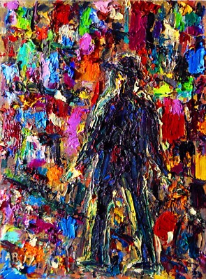 FACING CITY LIGHTS-Arthur Robins Original Cityscape Neon NYC Oil streets Figure