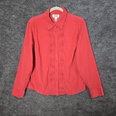 Talbots Top Womens L Orange Micro Corduroy Button Up Pintuck Career