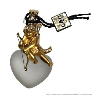 Signed Charles Garnier 18K Yellow Gold Cupid on Frosted Glass Heart Brand New