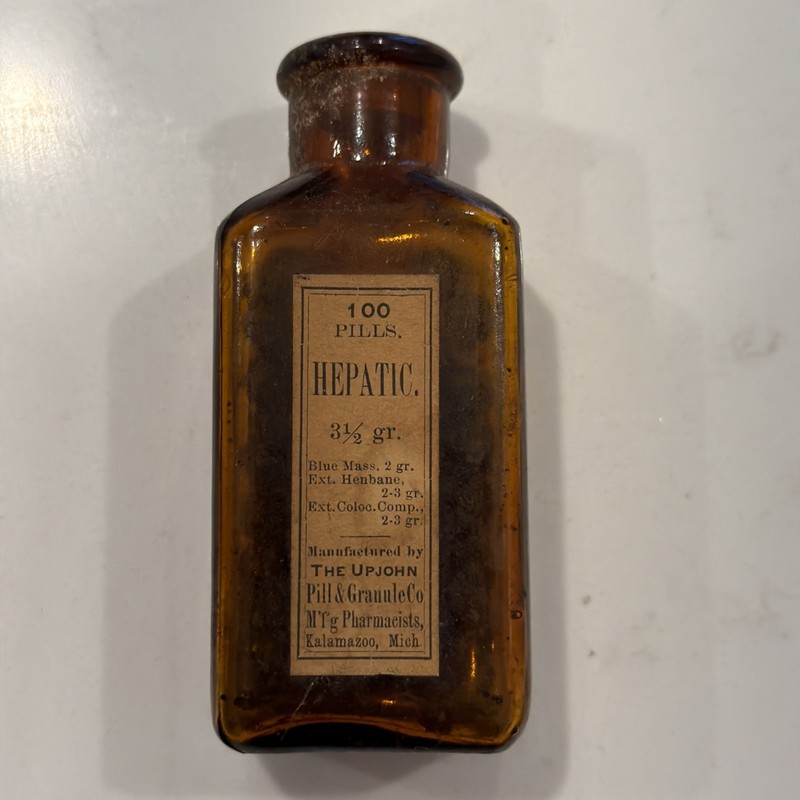 Antique Upjohn Hepatic Pills Amber Bottle W/original Cork And Contents c1900