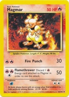 1999 Pokemon: Base Set - Magmar (#036/102, Uncommon, Moderately Played)
