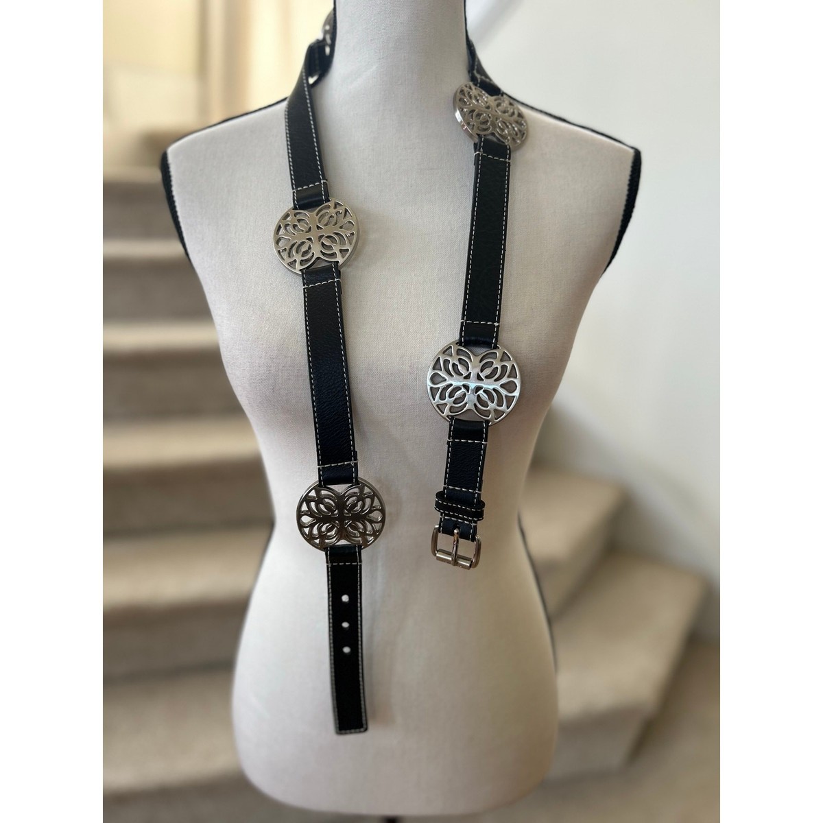 Vintage Calvin Klein Y2K Black Leather Silver Medallion Belt  display picture 1