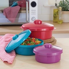 Three Piece Microwave Casserole Pot Set with Vented Lids Space Saving Cookware
