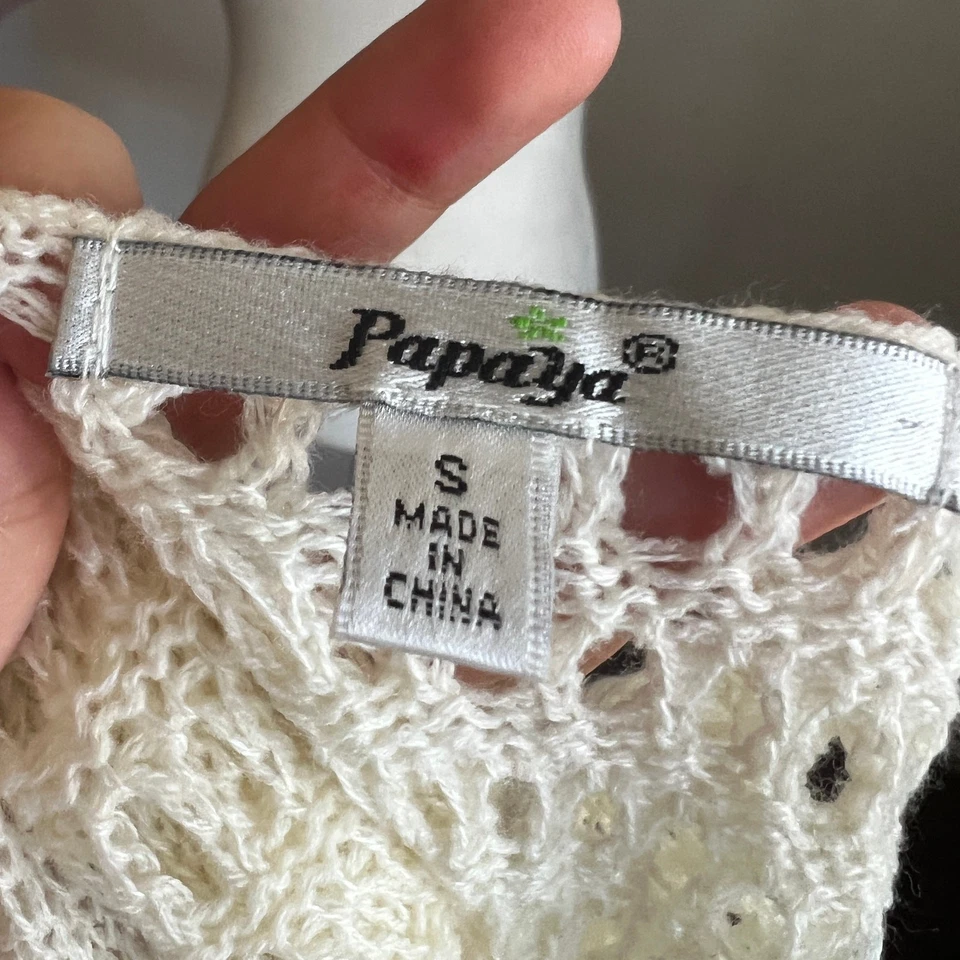 Chaleco Tejido Abierto Flecos Crema Vintage Y2K Retro Boho Indie Festival Pequeño Foto 4 de 4