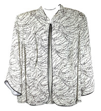 Alex Evenings Womens Mandarin Collar Jacket White Black with Sequin Sparkle 1X