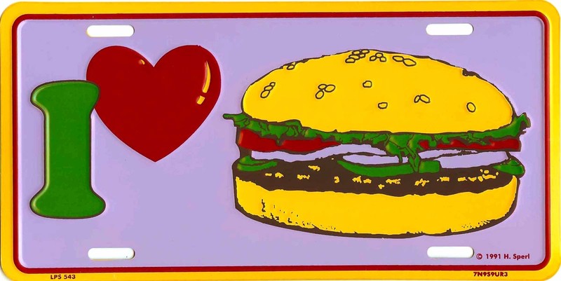 I LOVE HAMBURGER CHEESEBURGER METAL AUTO LICENSE PLATE NEW #543-00