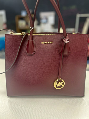Michael Kors Burgundy Zip Top Tote Gold Hardware MK Charm Inner Pockets