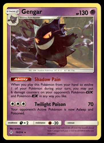 Gengar 70/214 SM Unbroken Bonds Rare Pokemon Card - NM