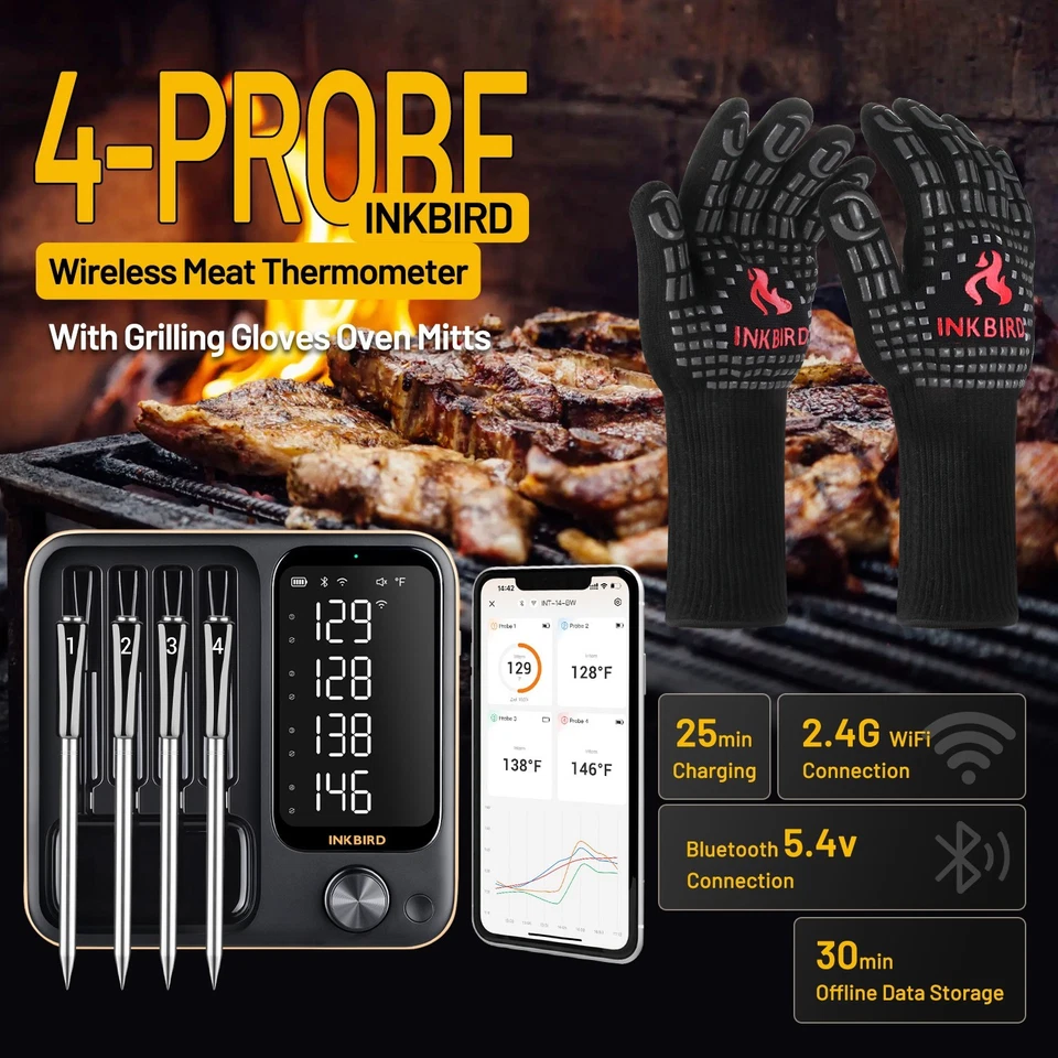 Inkbird 4-Probe Wireless Meat Thermometer BBQ Gloves Three-Mode WiFi Bluetooth - Image 2 of 4