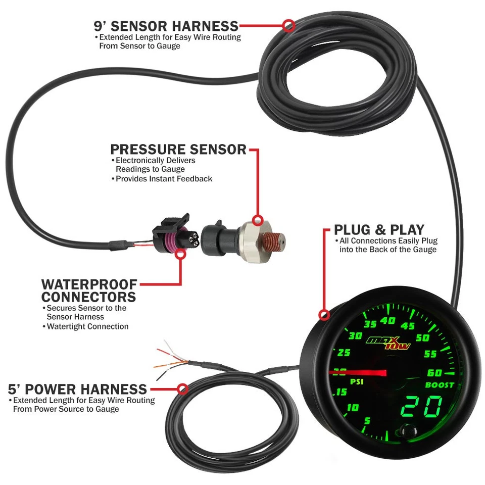 MaxTow Doble Visión 52mm 60psi Diesel Turbo Boost Gauge con Sensor Electrónico Foto 3 de 4