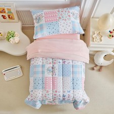 4 Piece Pink Blue Patchwork Toddler Bedding Set Microfiber Comforter