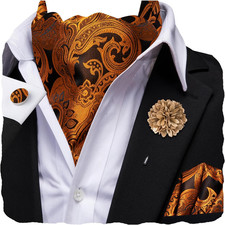 Silk Ascot for Men Self Tie Men's Cravat and Flower Lapel Pin Handkerchief Cuffl