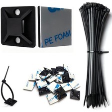 Black Cable Tie Zip Self Adhesive Mounts Set w/Multi-Purpose Sticky Pads 100 set