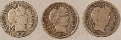 1906 1906-O 1906-S BARBER DIME LOT OF 3 COINS - CIRCULATED!