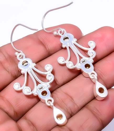 White Turquoise & Citrine 925 Sterling Silver Handmade Earring 2.11" E8034424 - Picture 2 of 3