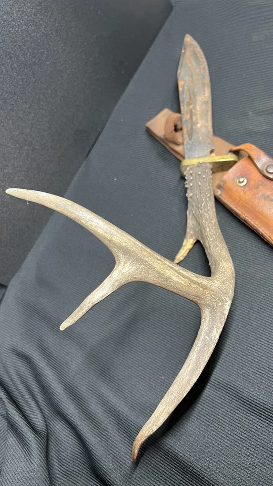 Cuchillo Bowie de hoja fija con funda con asta de ciervo entera de acero anterior a la década de 1920 Foto 4 de 4
