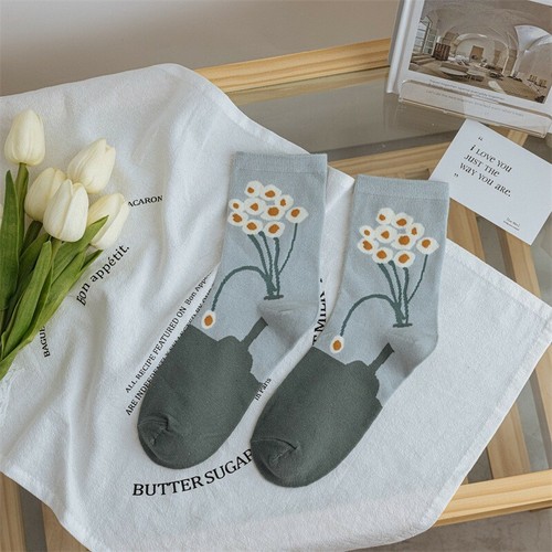 5 Paar Damen Mädchen Baumwollsocken Set lustige Blumen Jacquard lässige Crew-Socken - Bild 8 von 14