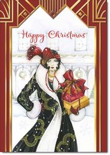 Doodlecards Happy Christmas Card Art Deco Lady with Christmas Gift