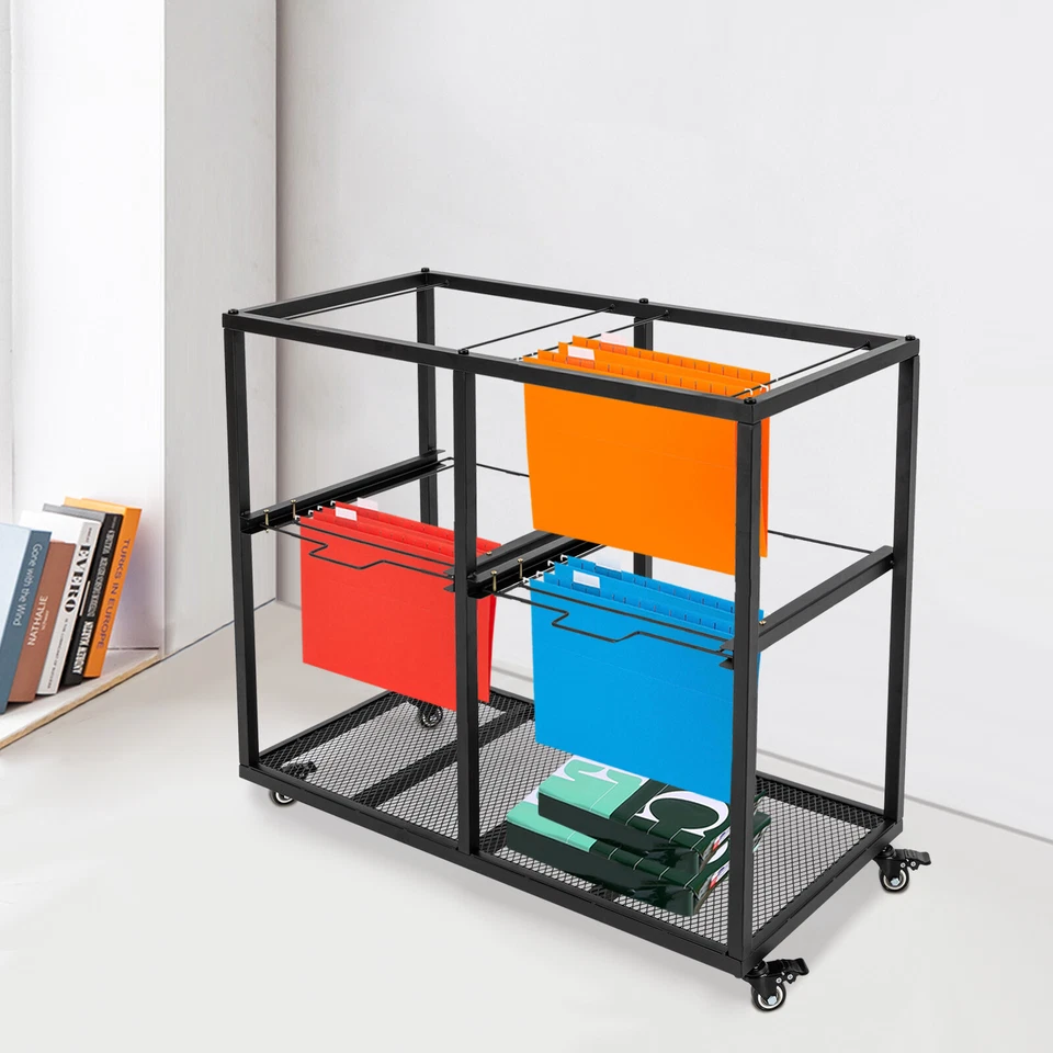 2 Tiers 4 Drawers Rolling Metal Hanging File Cart Mobile Storage Organizer Black - Image 2 of 4