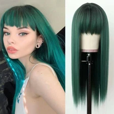 Ombre Green Wigs Full Neat Bangs Long Straight Women Synthetic Fiber Hair Party