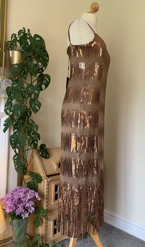 Wedding Races Party Copper Rosé Gold Sequin Fringe Cruise Elli White Dress 12 14 - Picture 9 of 24
