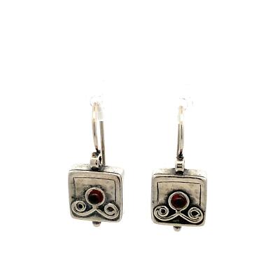 Sterling Signed Shablool Didae Jewish Style Garnet Stone Vintage Dangle Earrings