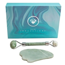 Jade Face Roller & Gua Sha Massager Set, Removes Eye Puffiness & Wrinkles GREEN