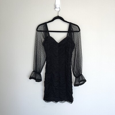 Haute Monde Ruched Mesh Mini Dress Long Sleeve Polkadot Bodycon