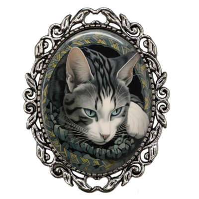 Colored Pencil Print Gray Striped Tabby Cat Brooch Pin Cat Mom Gift