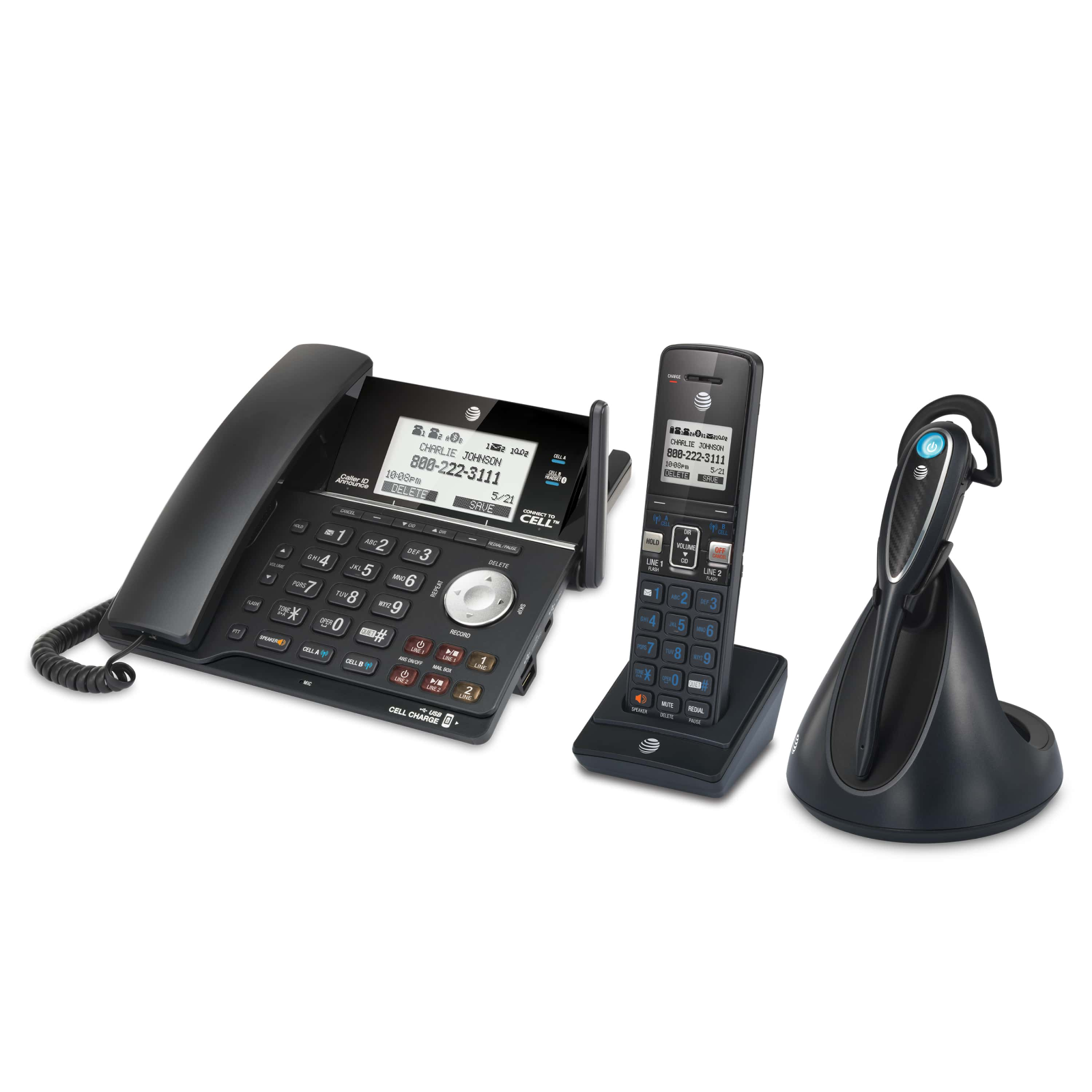 At7t AT&T 2-line Connect to Cell Corded Cordless Answering System w Cordless ...