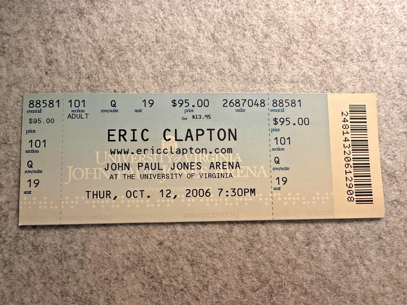 ERIC CLAPTON CONCERT FULL TICKET, OCT 12 2006, JOHN PAUL JONES ARENA at UVA