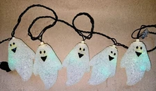 Vintage Ghost Popcorn String Lights Melted Plastic 5 Halloween Ghosts Green Bulb