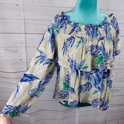 Cupio Womens Top Sz XL Boho Tropical Blue Floral Cottagecore Peasant Beach Vacay