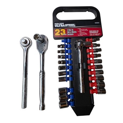 Ultra Steel 23 Piece 1/4in Dr SAE Metric Socket Set UA20023A Extra Ratchets K2