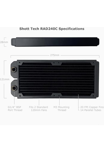 Shott Tech RAD240C Copper Water Cooling Radiator, 240mm, Slim Dual, Black - Picture 2 of 8