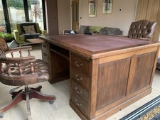 Dark Brown Wood Pedestal Desk Leather Inset Top 9 Drawers 150x120x78cm