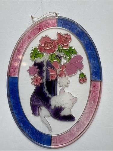 Vintage Kunststoff Oval Sonnenfänger Faux Buntglas Katze Eule Siegel 8,5x6,5" Set/3 - Bild 3 von 13